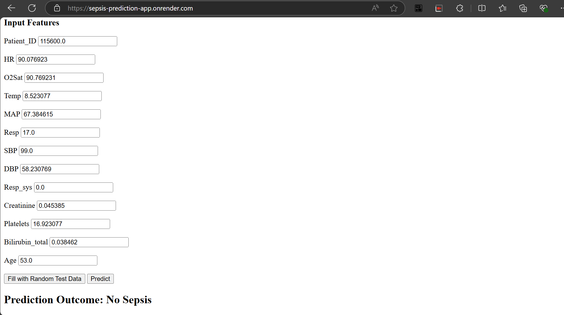 Sepsis Prediction Application preview